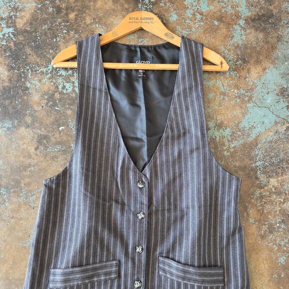 Vintage 90s Jumper Midi Dress Size 10 M Gray Pin Stripe Menswear Corpcore - Picture 2 of 6